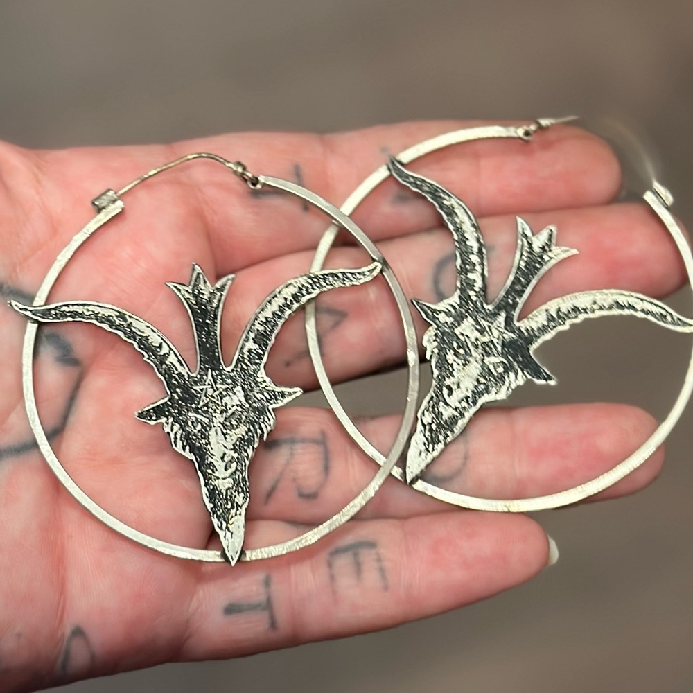 Silver Goat Head Hoop Earrings